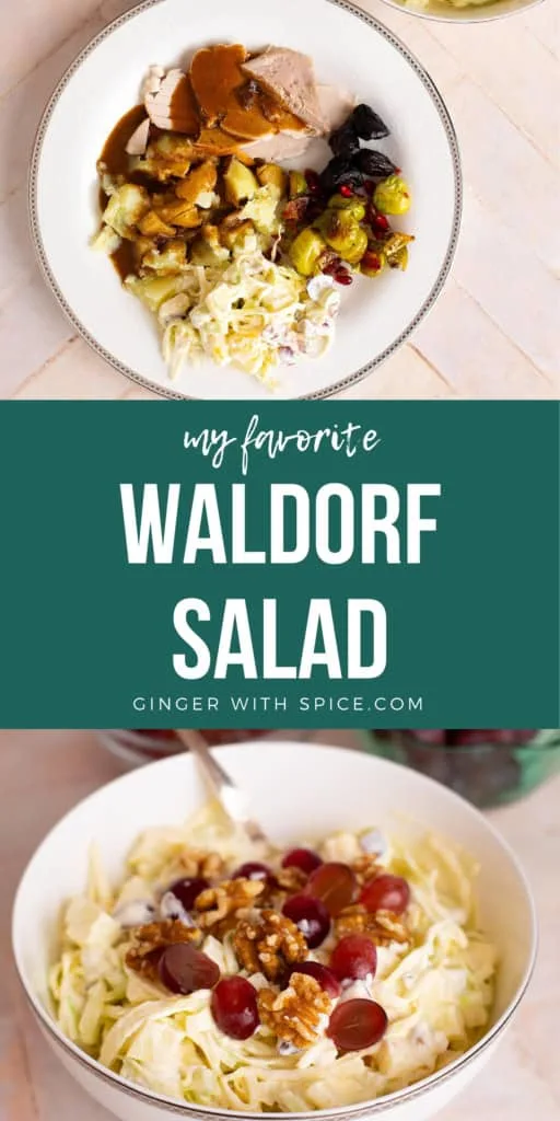 Two images from the post and white text overlay in the middle with the title: Waldorf Salad.