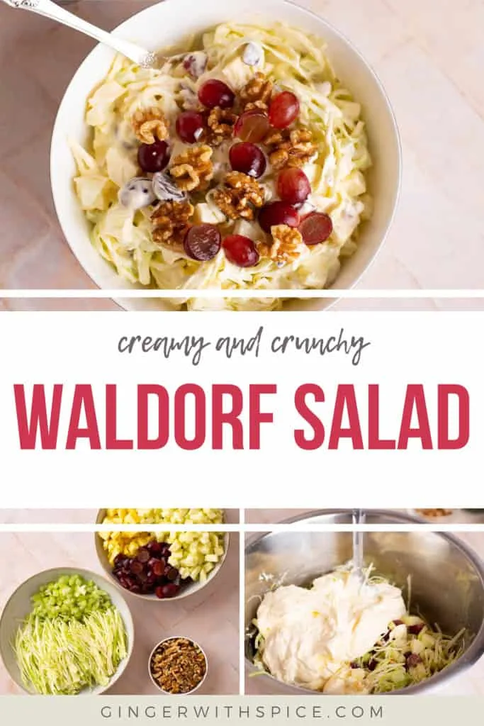 Three images from the post and red text overlay in the middle with the title: Waldorf Salad. Pinterest pin.