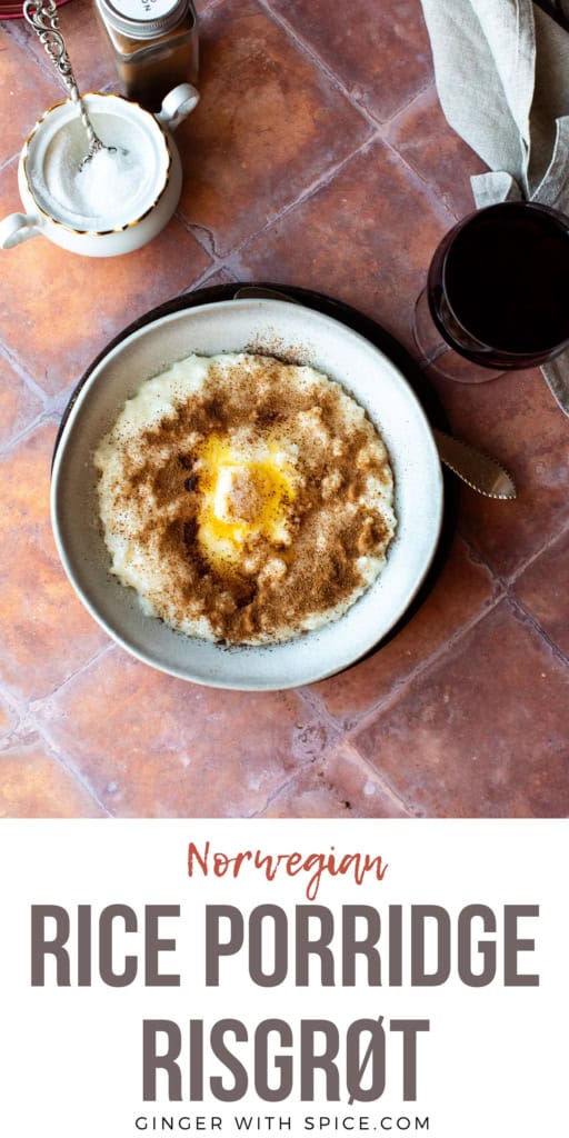 Pinterest pin with one image of the Norwegian rice porridge and a text overlay at the bottom.