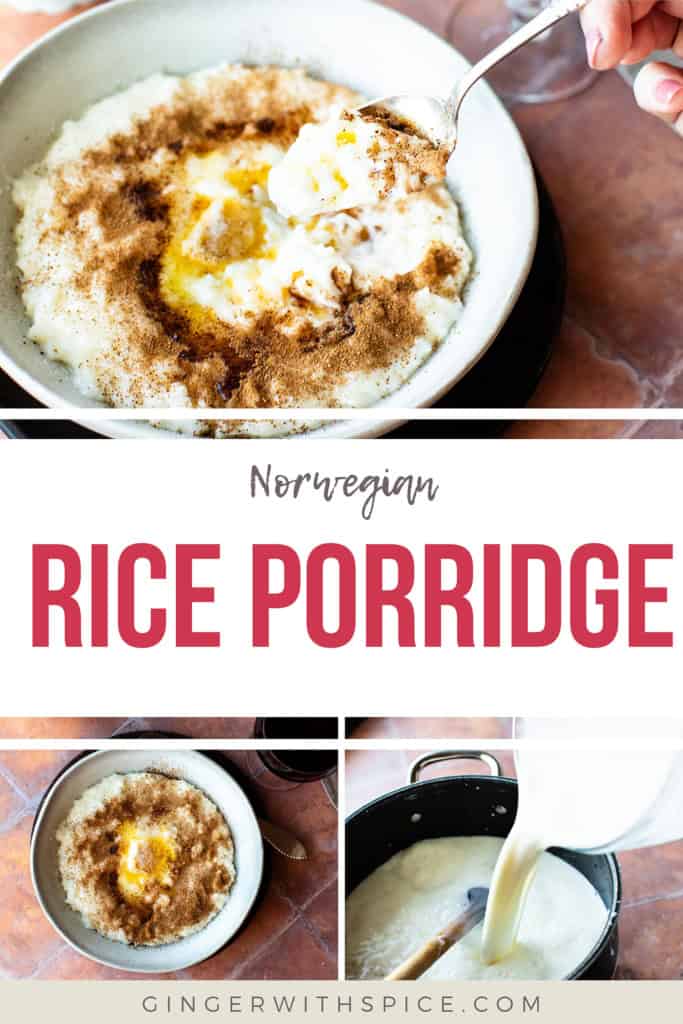 Pinterest pin with three images of the recipe and red text overlay in the middle: Norwegian Rice Porridge.