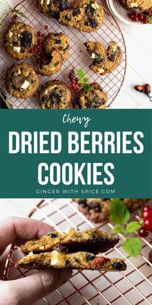 Two images from the post and white text overlay on a green background for the title: Dried Berries Cookies. Pinterest pin.
