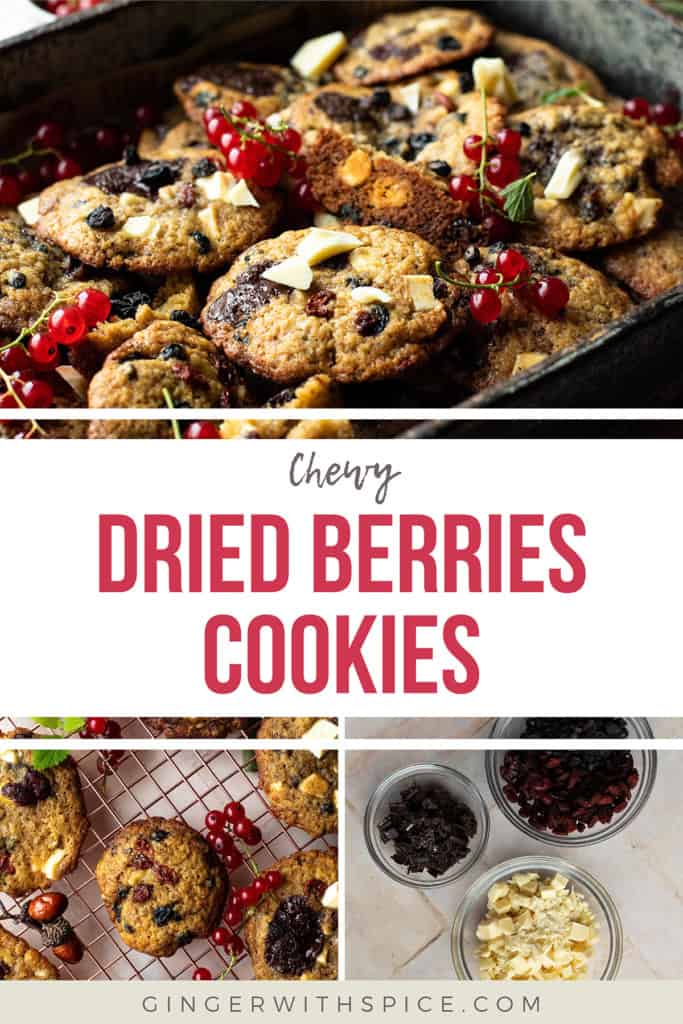 Three images from the post and red text overlay in the middle: Dried Berries Cookies. Pinterest pin.