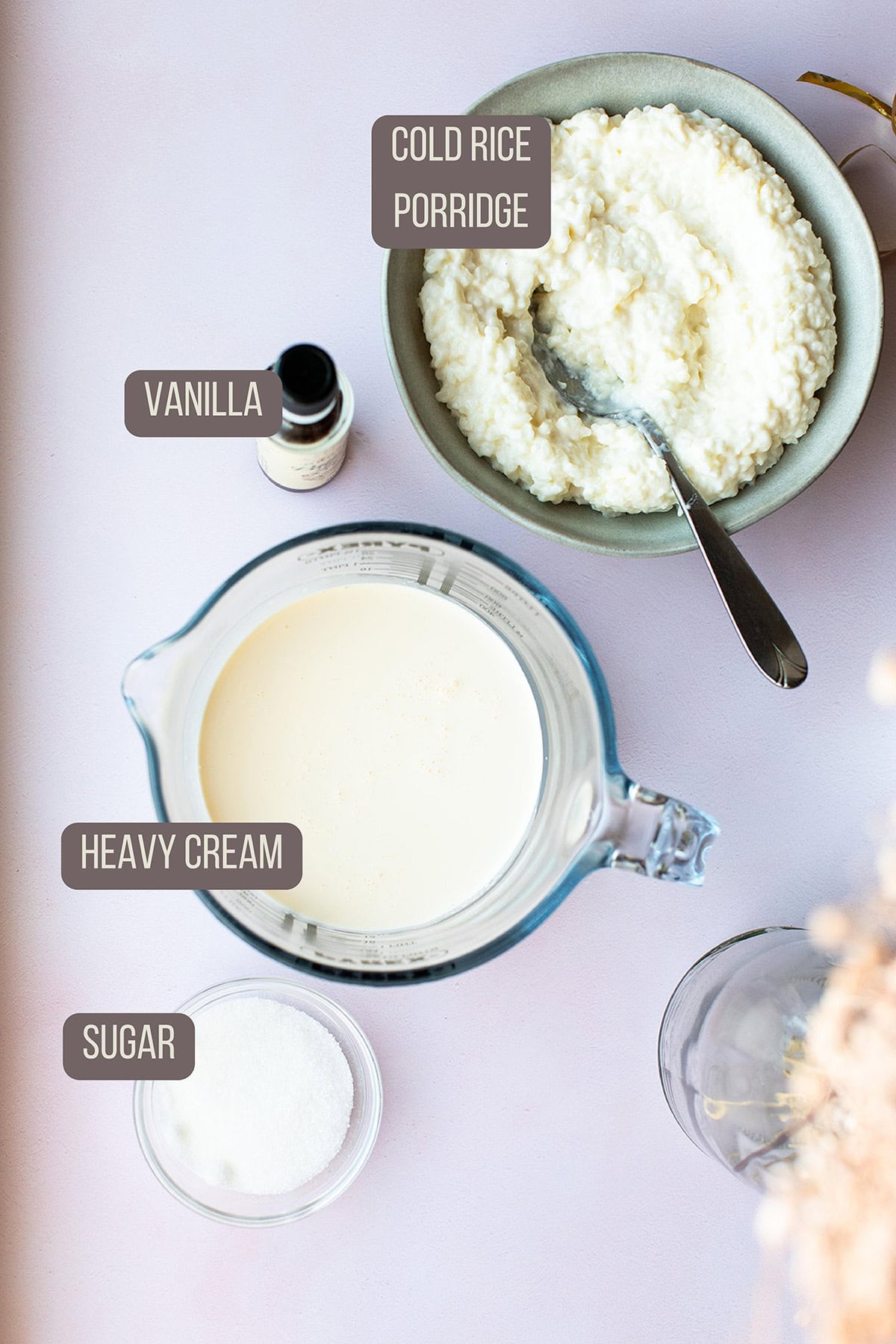 Ingredients to make Norwegian rice cream.