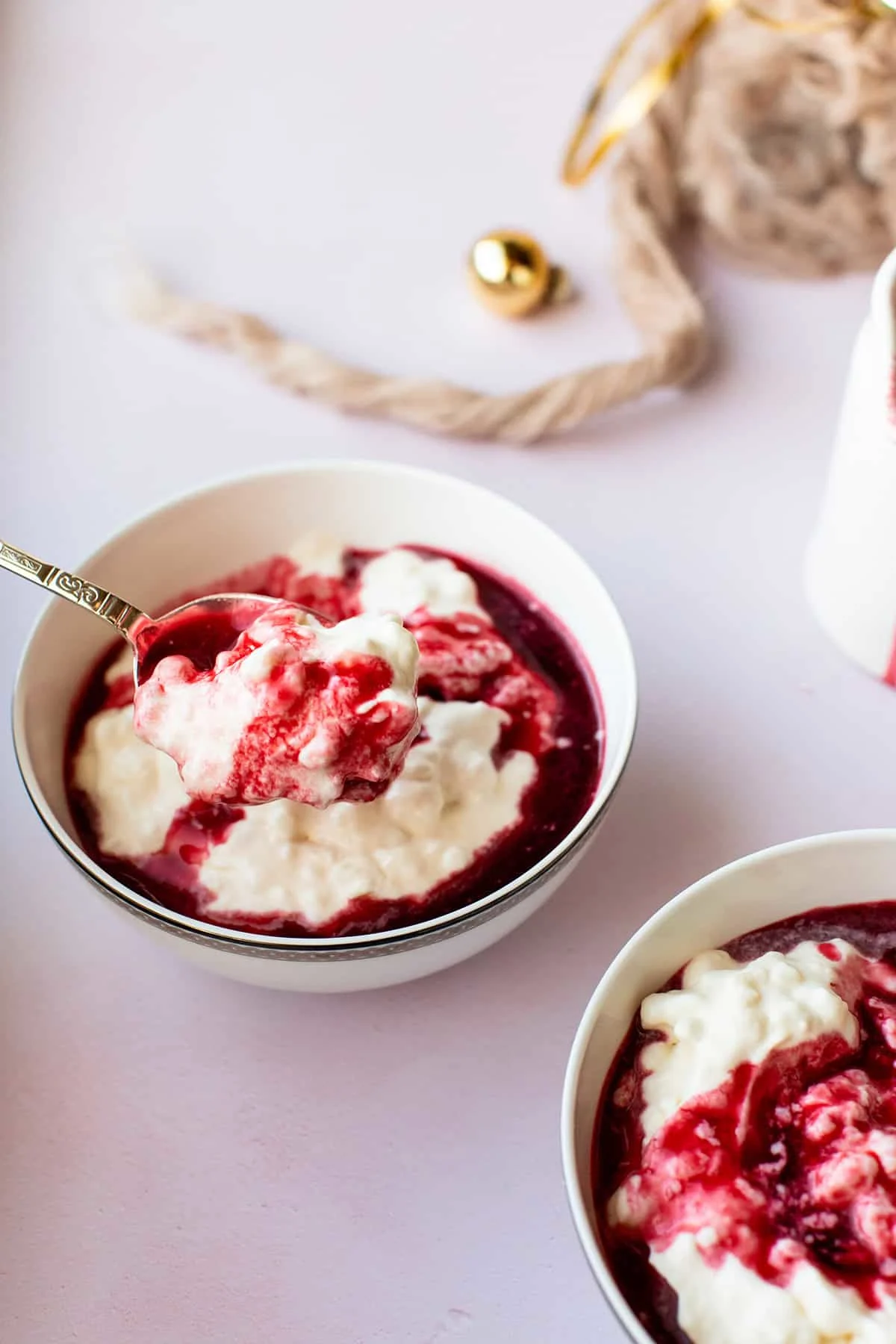 Close-up of one serving bowl with rice cream.
