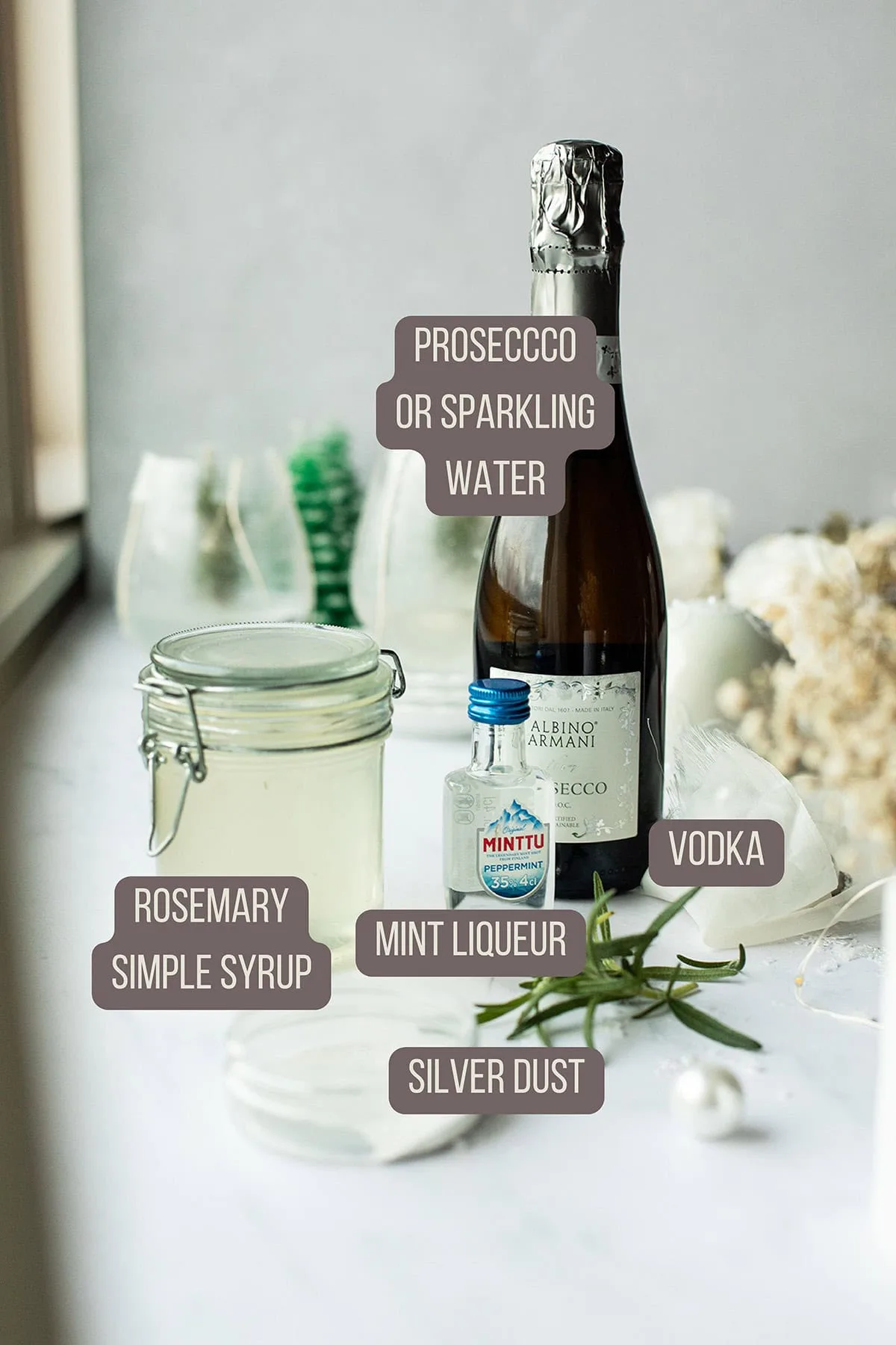 Ingredients to make peppermint cocktail.