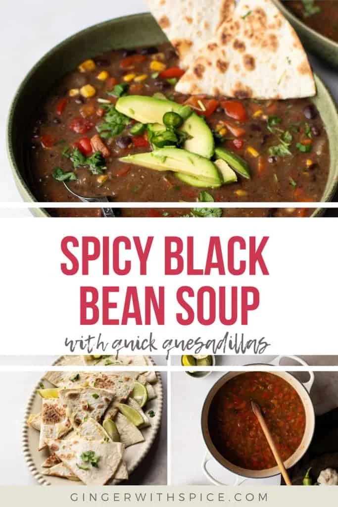 Three images from the post and red text overlay in the middle: Spicy Black Bean Soup. Pinterest pin.