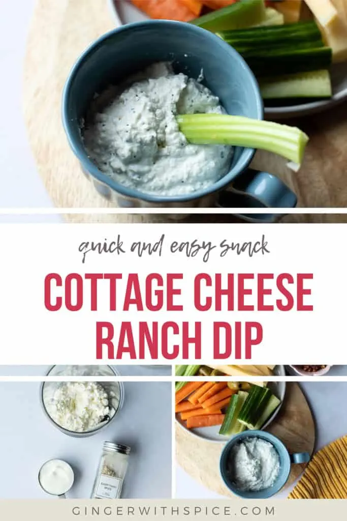 Three images from the post and red text overlay in the middle with the title: Cottage Cheese Ranch Dip. Pinterest pin.