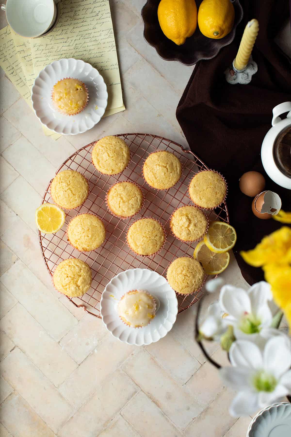 Cooling rack with lemon muffins.