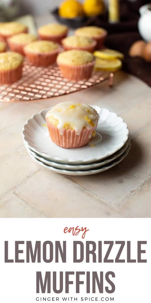Lemon muffin on a white plate. Pinterest pin.