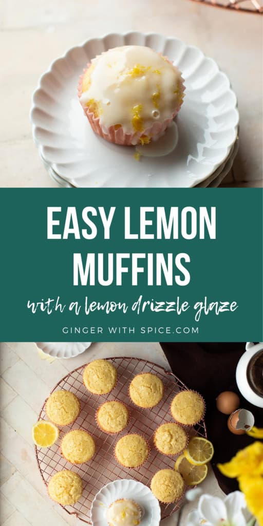 Pinterest pin for Easy Lemon Muffins with two images from the post.
