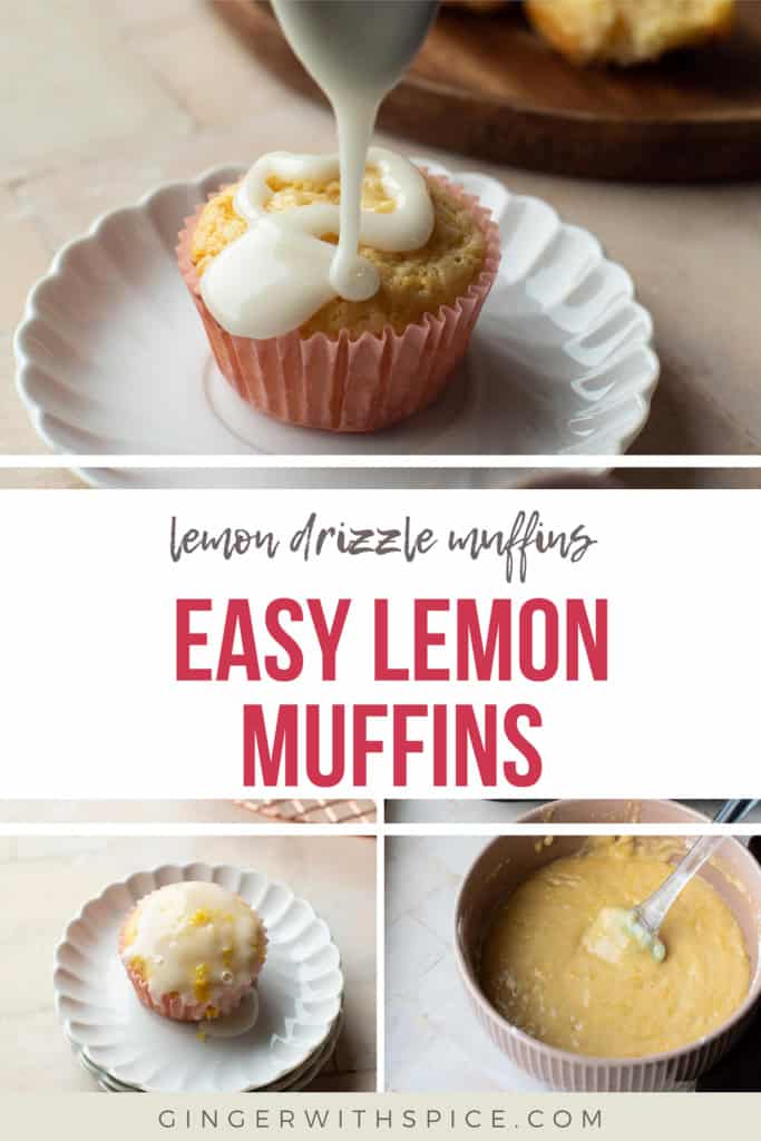 Pinterest pin for Easy Lemon Muffins with three images from the post.