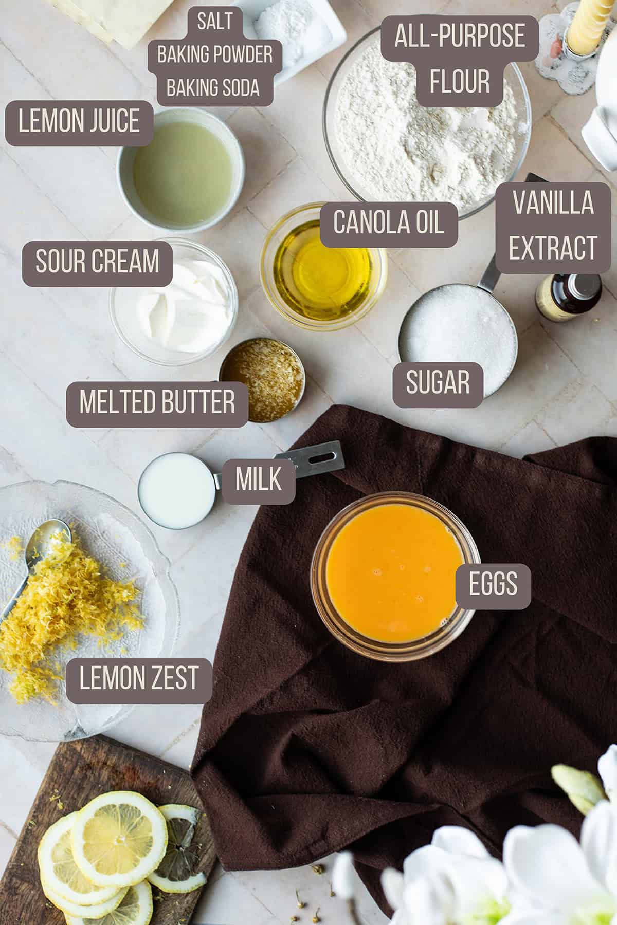 Ingredients to make lemon muffins.