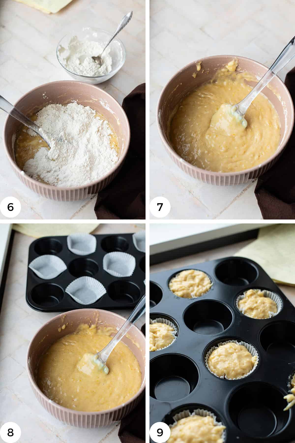 Steps to mix the flour into the batter and then into muffin tins.