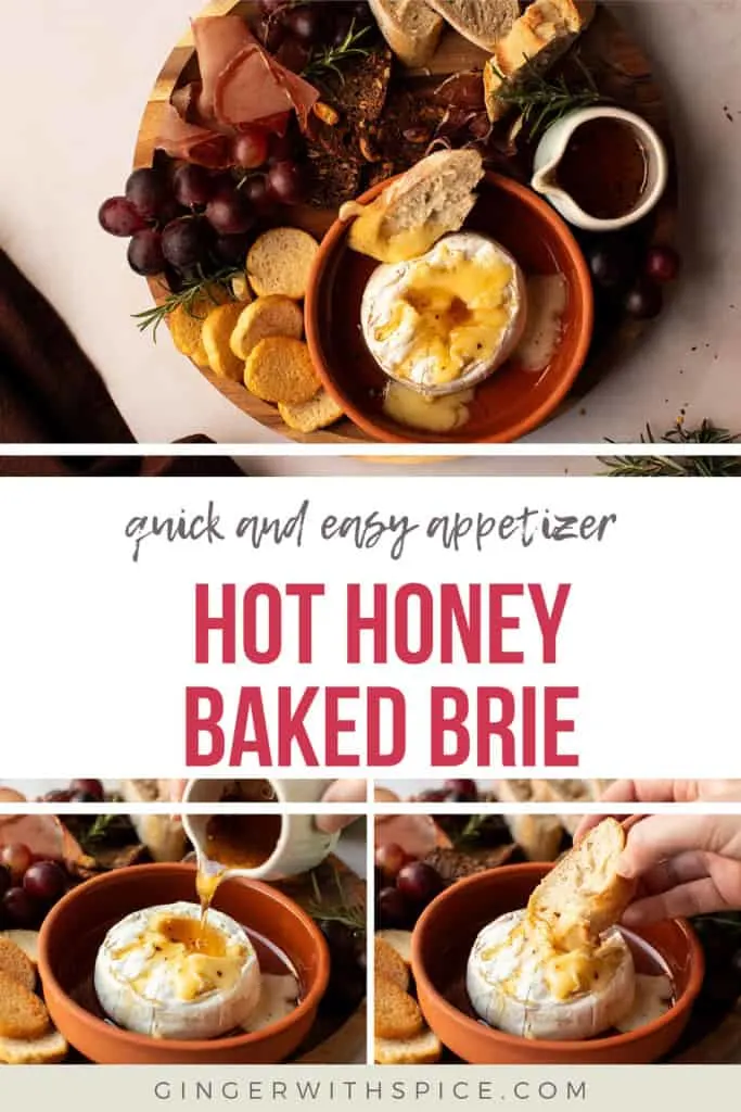 Hot honey baked brie Pinterest pin with three images.