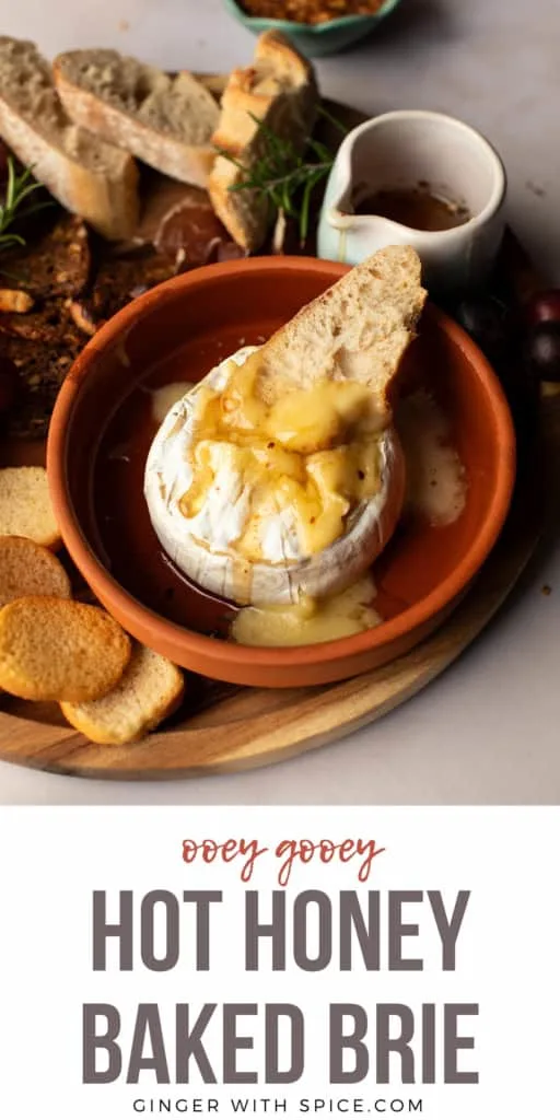 Pinterest pin with an image of the hot honey baked brie.