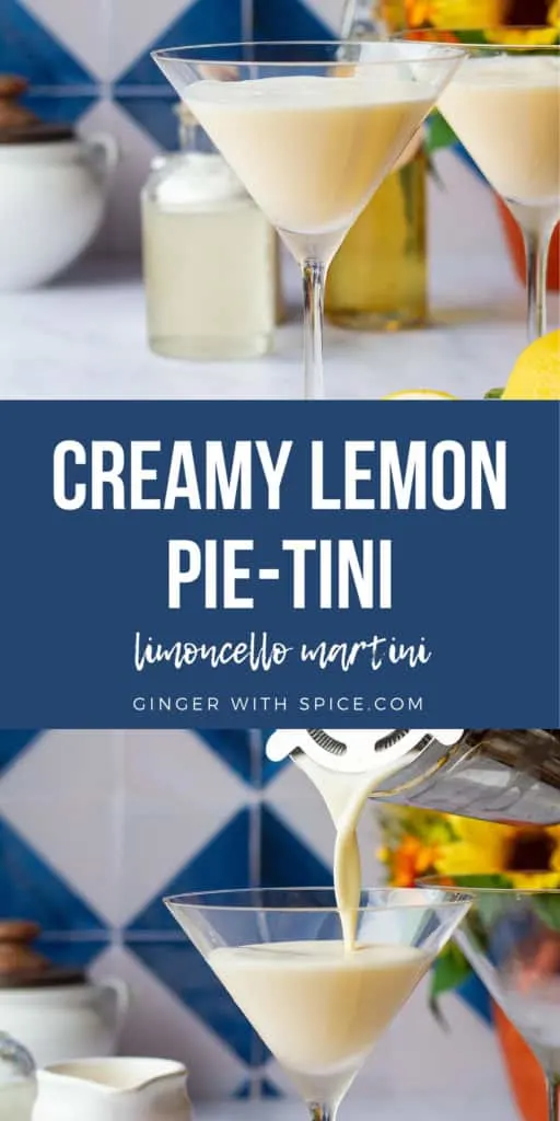 Pinterest pin for creamy limoncello, two images and blue background.