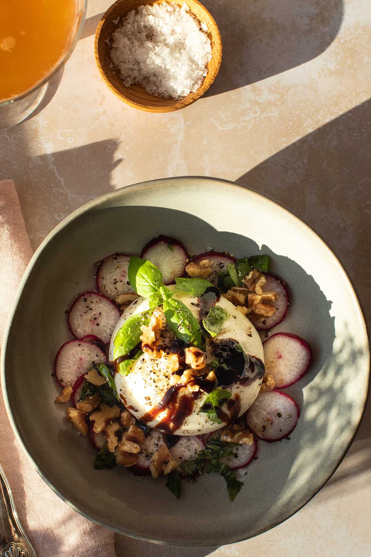 Closeup of the burrata appetizer.