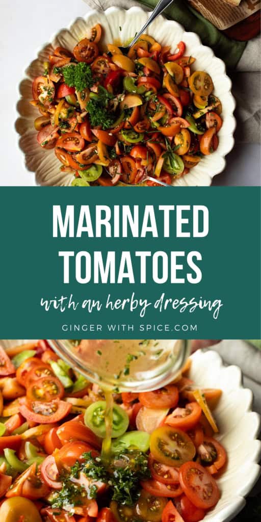 Two images from the post and text overlay in the middle: Marinated tomatoes.