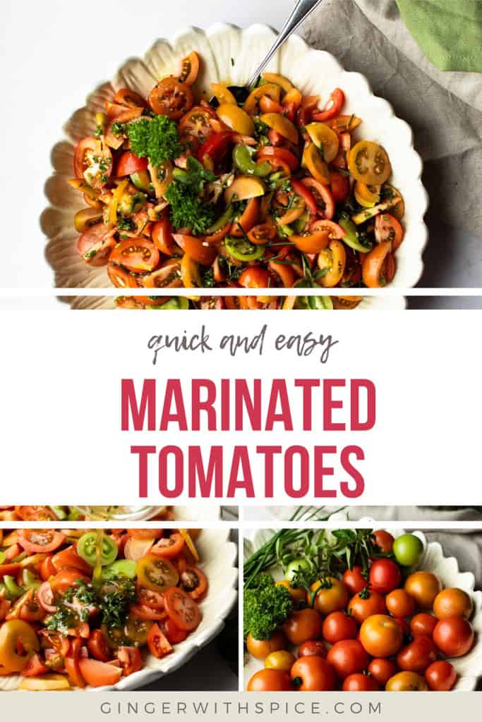 Three images from the post and red text overlay in the middle: Marinated tomatoes. Pinterest pin.