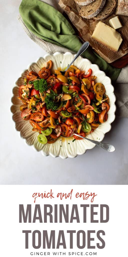 Large shallow bowl with marinated tomatoes. Pinterest pin.