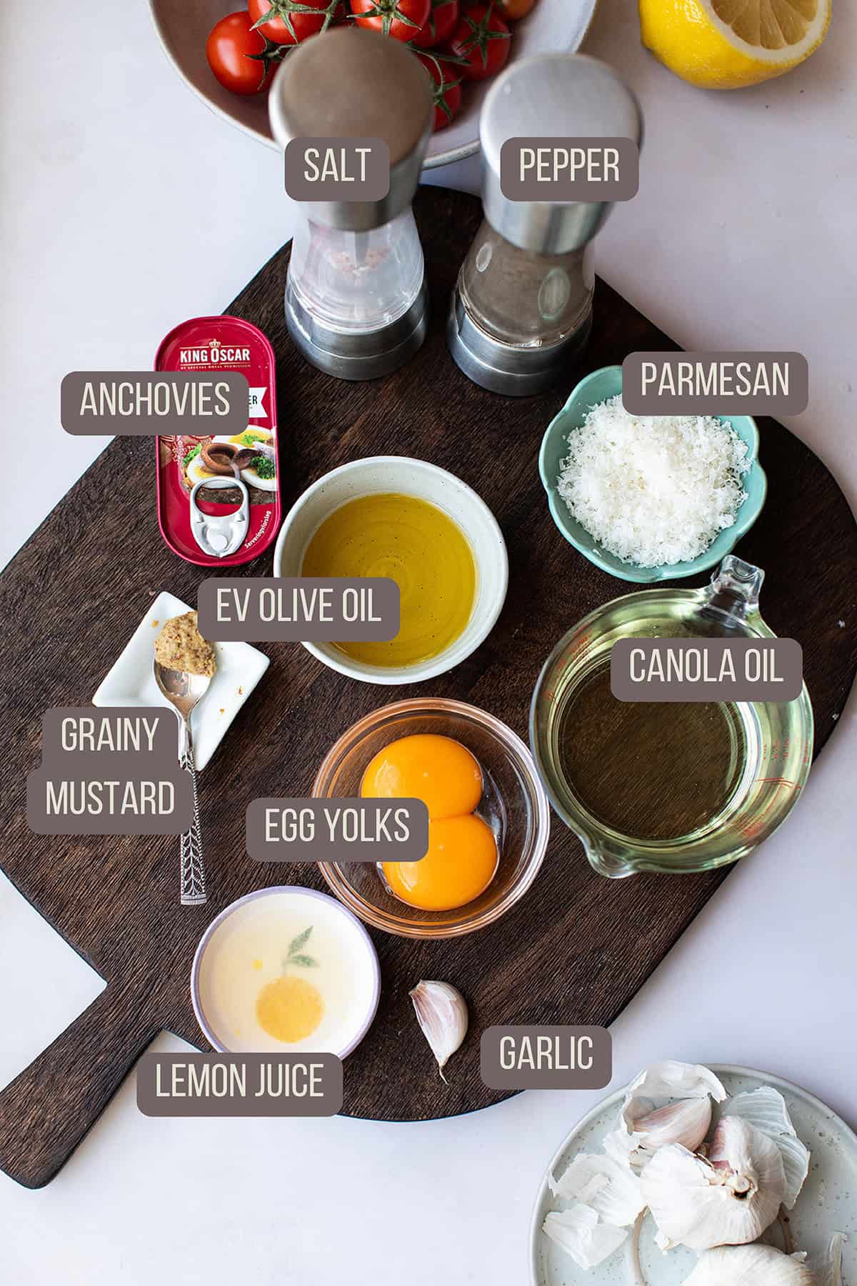 Ingredients to make caesar dressing.
