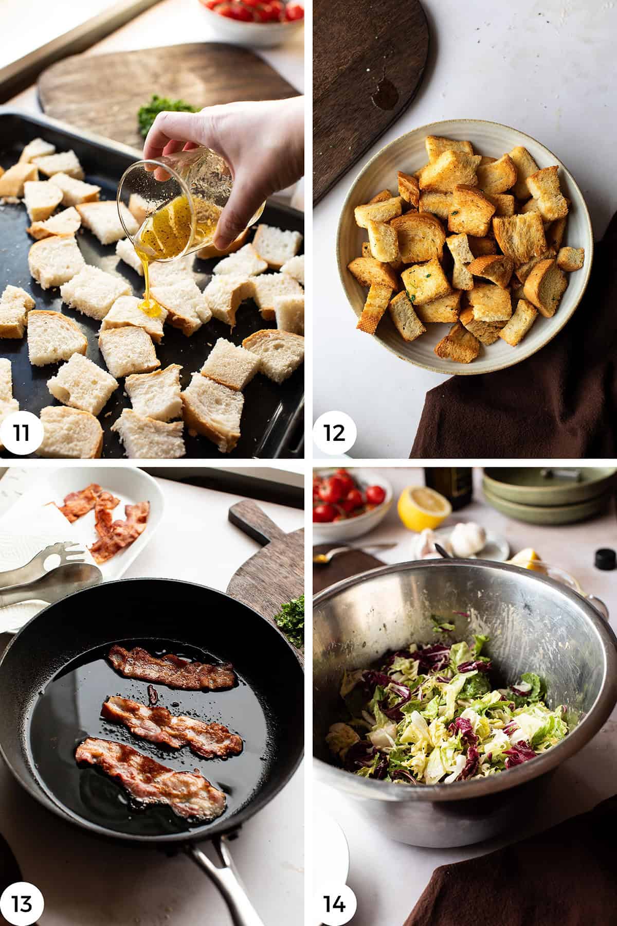 How to make croutons, bacon and the salad.